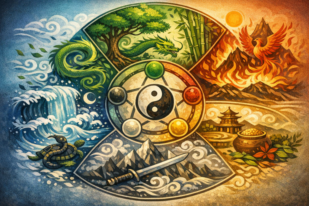 Illustrazione stilizzata dei Cinque Movimenti della Medicina Tradizionale Cinese — legno, fuoco, terra, metallo e acqua, in armonia energetica circolare.