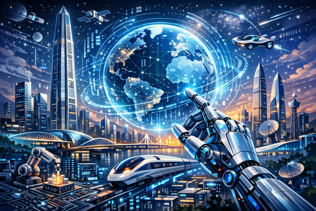 Illustrazione digitale di Shenzhen come capitale mondiale della tecnologia, con skyline futuristico, grattacieli illuminati, droni e un globo olografico connesso da reti di dati.
