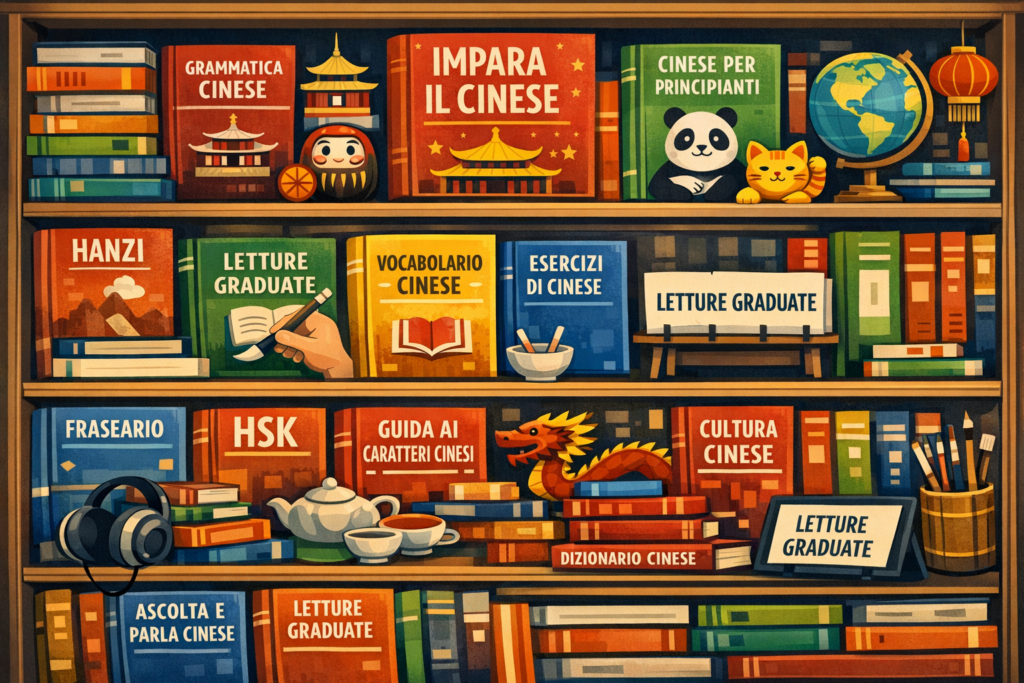 Libreria stilizzata con libri per lo studio della lingua cinese, evidenziata la collana “Letture Graduate”.