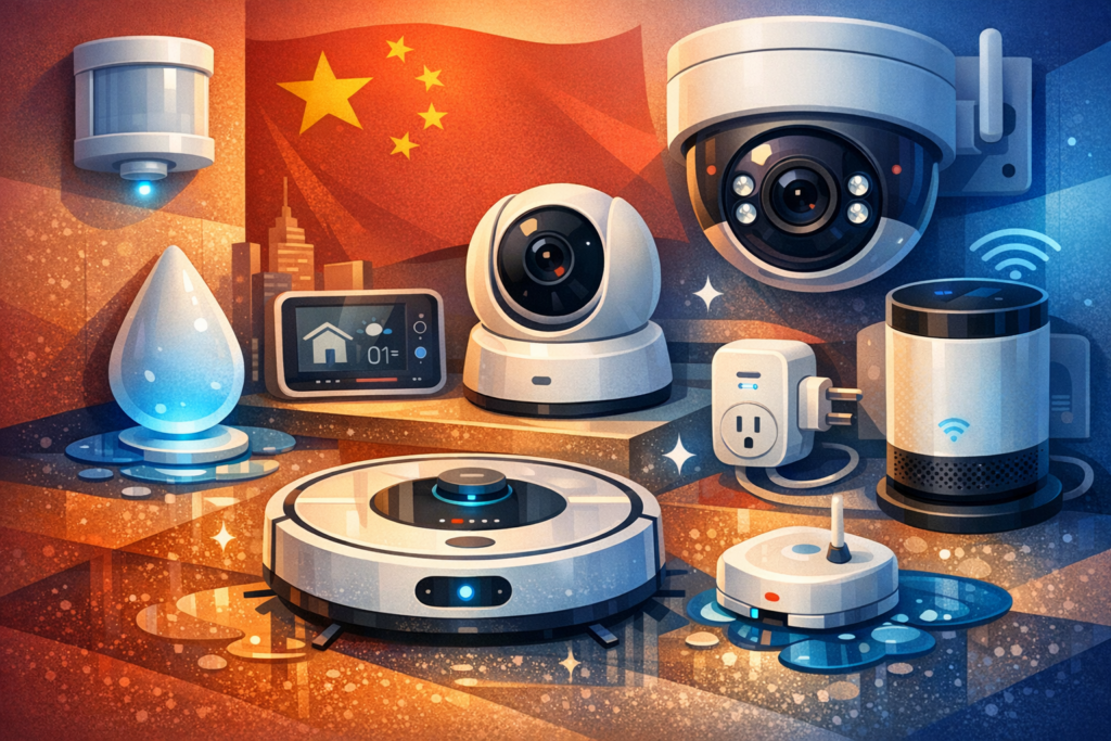Illustrazione stilizzata di tecnologia domestica cinese con sensori smart, telecamere di sicurezza e robot aspirapolvere.