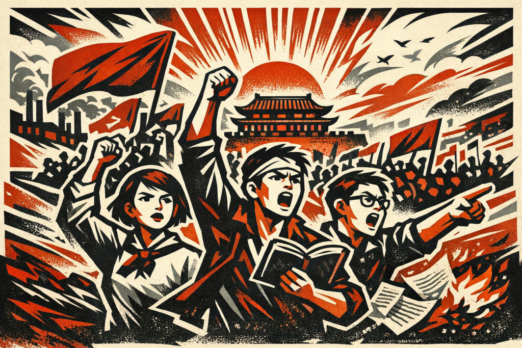 Illustrazione stilizzata di giovani manifestanti durante il Movimento del 4 maggio del 1919, con bandiere rosse e un edificio tradizionale sullo sfondo.