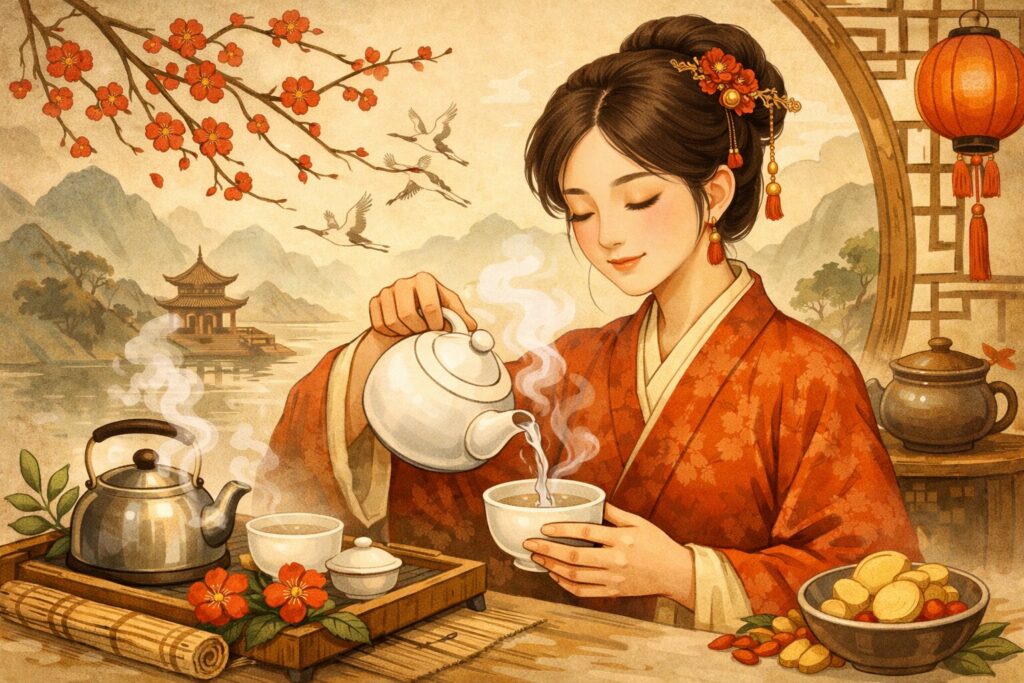 Illustrazione stilizzata che rappresenta la tradizione cinese del bere acqua calda: una donna in abiti tradizionali versa acqua fumante da una teiera di porcellana in una tazza, con elementi decorativi come lanterna rossa, fiori di pruno e paesaggio orientale sullo sfondo. Immagine simbolica delle abitudini quotidiane in Cina.