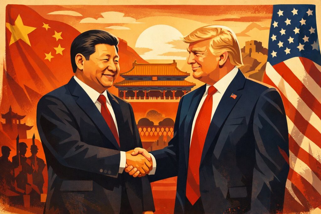 Incontro diplomatico tra Xi Jinping e Donald Trump a Pechino, con sfondo stilizzato della Città Proibita e delle bandiere di Cina e Stati Uniti.