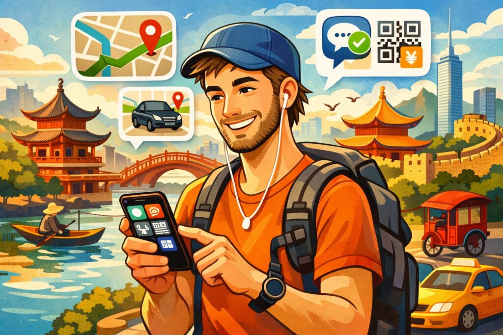 Viaggiatore occidentale sorridente in Cina con smartphone in mano, tra pagode e skyline moderno — illustrazione stilizzata che rappresenta la tecnologia e la mobilità digitale.