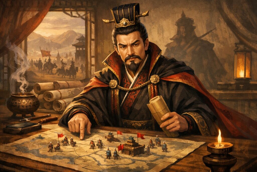 Illustrazione stilizzata del leggendario stratega cinese Cao Cao, ritratto mentre pianifica una battaglia su una mappa antica.
