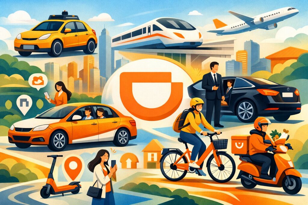 Illustrazione stilizzata che mostra i principali servizi dell’app Didi Chuxing: auto con passeggeri, bici condivisa, scooter per consegne, auto di lusso con autista, treno ad alta velocità, drone e veicolo autonomo, sullo sfondo di una città moderna.