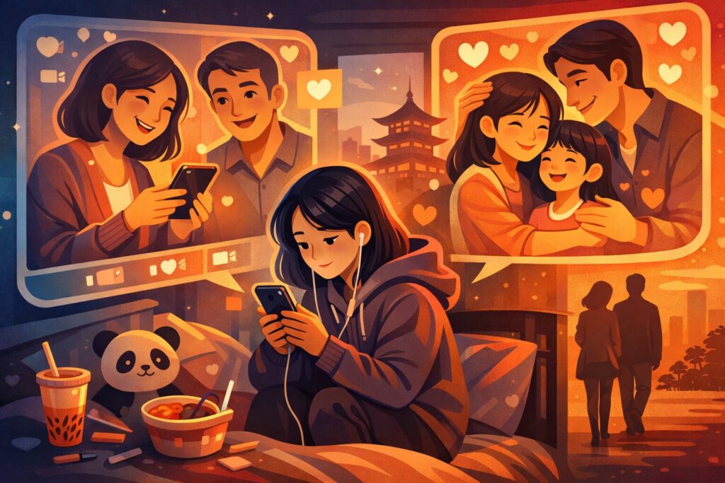 Immagine stilizzata che rappresenta il fenomeno dei genitori virtuali in Cina, con una giovane donna che interagisce con figure parentali sullo schermo.