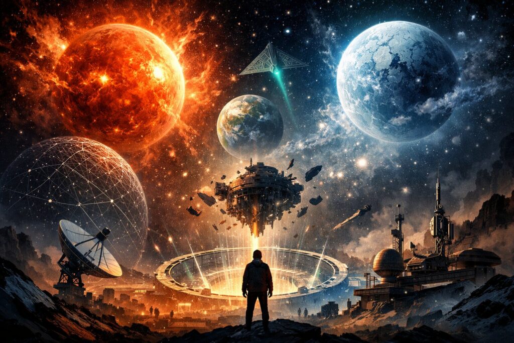 Illustrazione stilizzata del romanzo “Il problema dei Tre Corpi” di Liu Cixin, con tre pianeti, un satellite e un personaggio solitario che osserva un paesaggio fantascientifico.