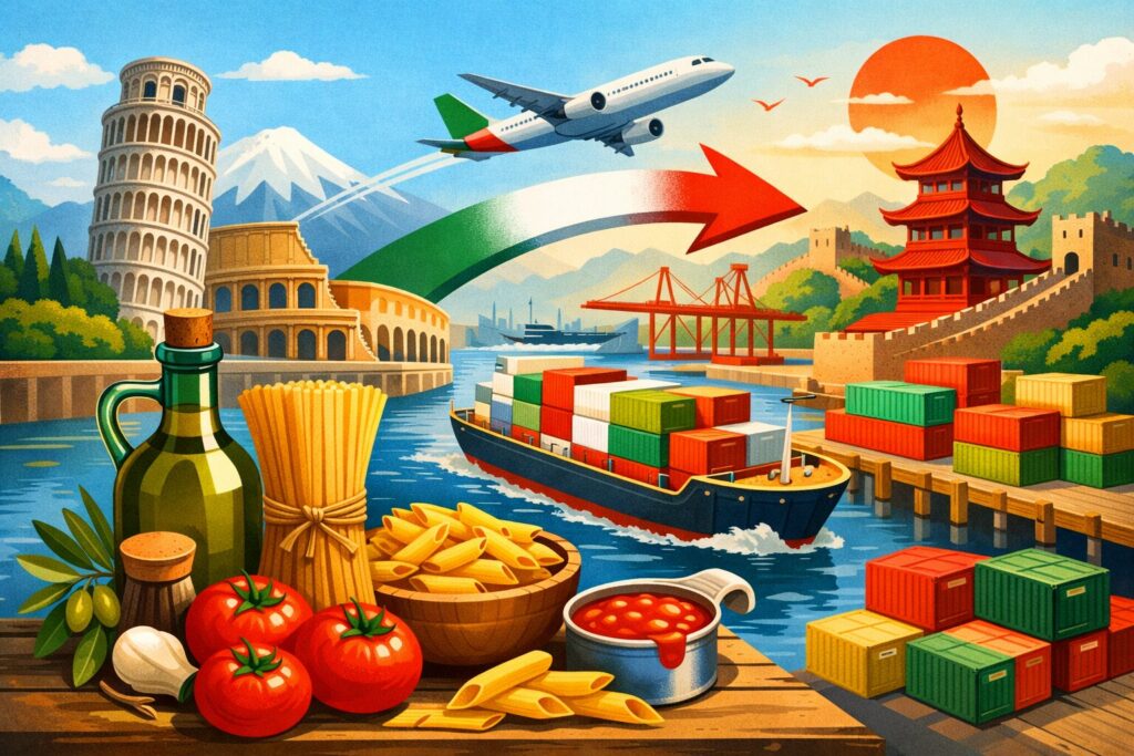 Illustrazione stilizzata che rappresenta l’esportazione di prodotti italiani — pasta, olio e pomodoro — verso la Cina, con container e simboli dei due Paesi, senza marchi né scritte.