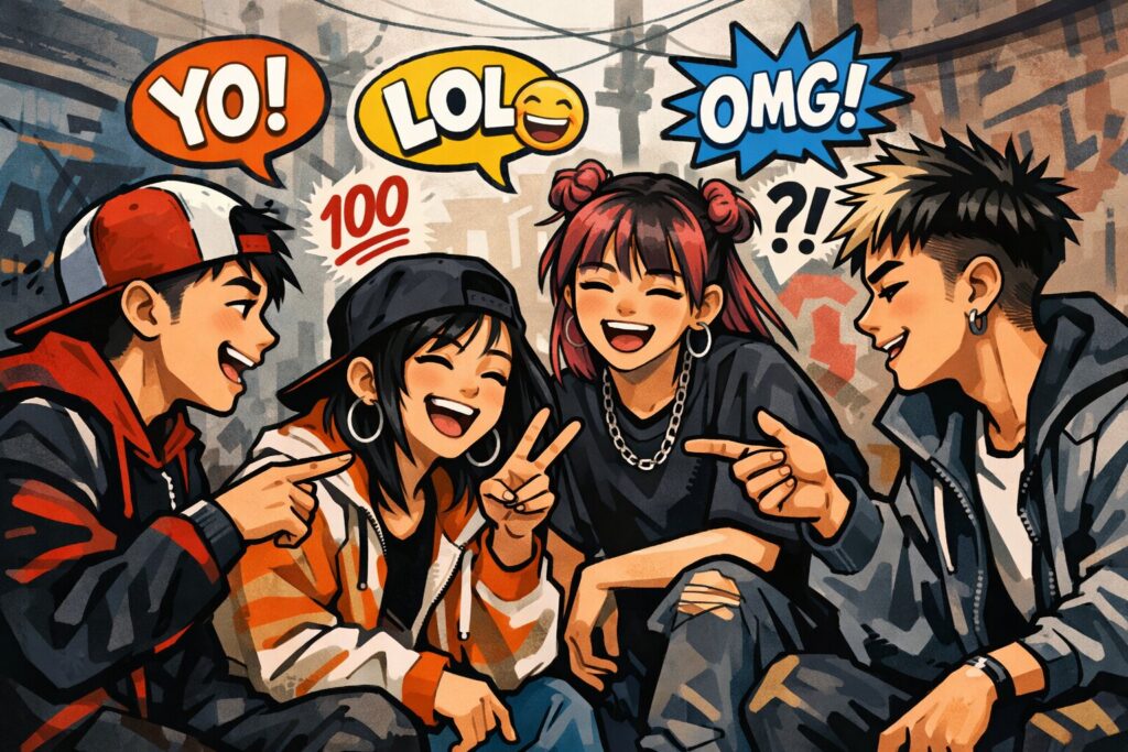 Giovani adolescenti cinesi che ridono e parlano slang in un contesto urbano, con espressioni vivaci e gesti energici, senza scritte in lingua cinese.