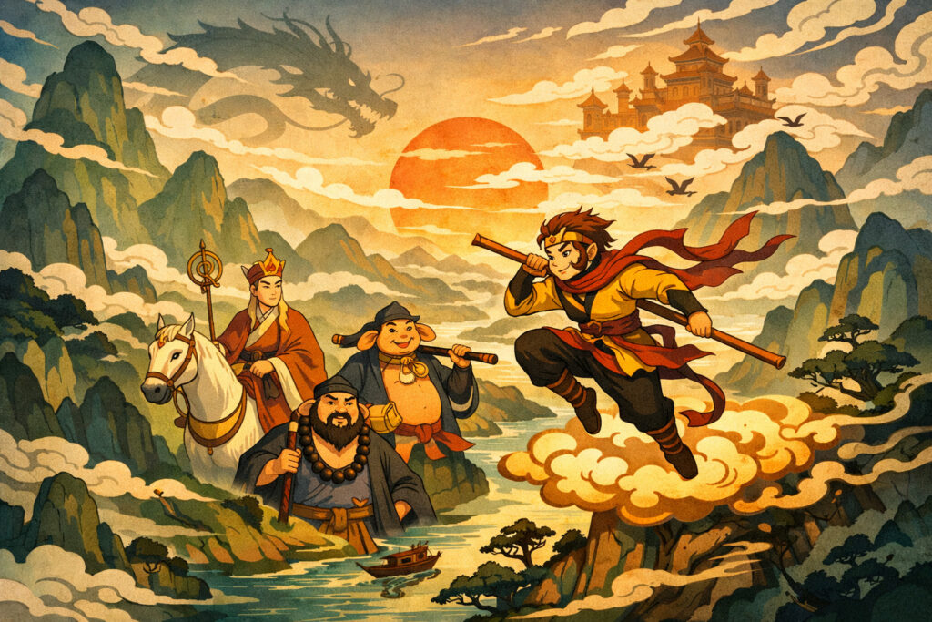 Illustrazione stilizzata dei protagonisti di “Viaggio in Occidente” — Sun Wukong, Tang Sanzang, Zhu Bajie e Sha Wujing — in viaggio tra montagne e nuvole, senza scritte in cinese.