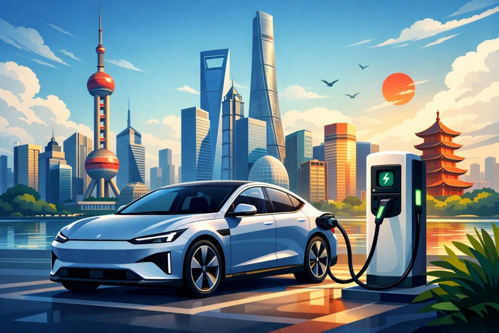 Auto elettrica cinese moderna in ricarica davanti a uno skyline urbano con grattacieli e torre orientale, simbolo della crescita tecnologica e industriale della Cina.