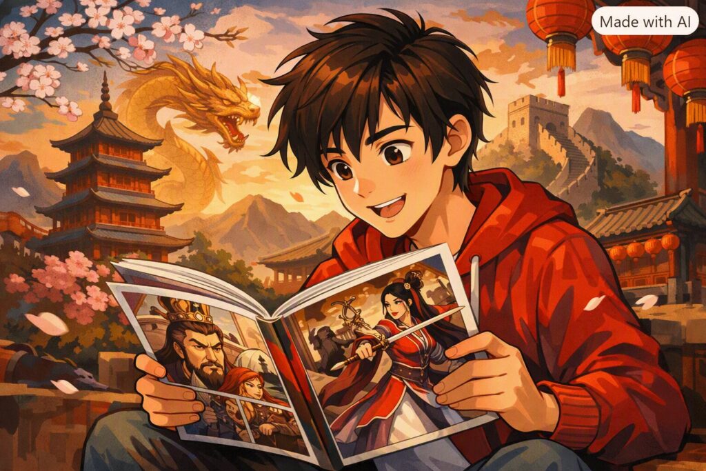 Un ragazzo adolescente legge una graphic novel con personaggi di antiche dinastie cinesi, seduto davanti a un paesaggio con pagode, draghi e la Grande Muraglia sullo sfondo.