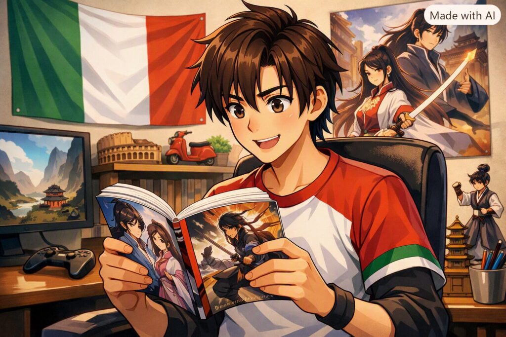 Ragazzo italiano che legge manhua cinesi in una stanza moderna, con bandiera italiana sullo sfondo.
