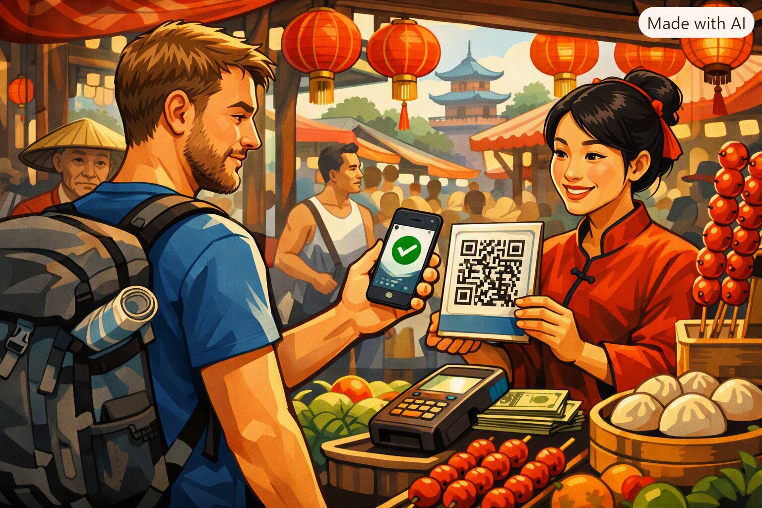 Viaggiatore europeo che paga in un mercato cinese scansionando un QR code con lo smartphone, in un’illustrazione stilizzata e moderna senza scritte in cinese.