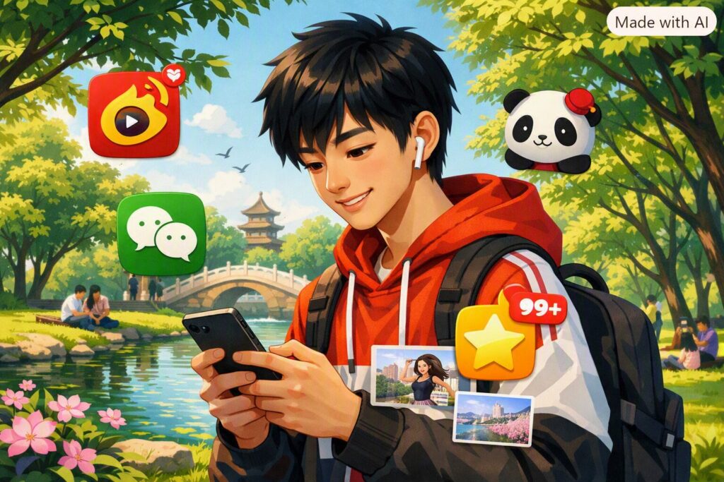 Adolescente cinese in un parco urbano che guarda il suo smartphone, circondato da icone di social media cinesi stilizzate.