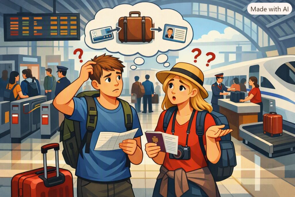 Coppia di amici europei confusi in una stazione ferroviaria cinese moderna, con valigie e documenti in mano, mentre cercano di capire dove andare e come imbarcare i bagagli — illustrazione stilizzata senza scritte in cinese.