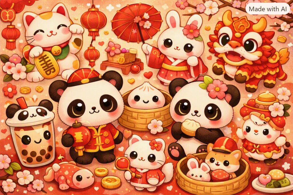 Illustrazione stilizzata che rappresenta la cultura del cute (萌) in Cina: due panda con occhioni dolci, un gatto portafortuna, un coniglietto con ventaglio e altri personaggi kawaii circondati da lanterne, fiori di ciliegio e dolci tradizionali.